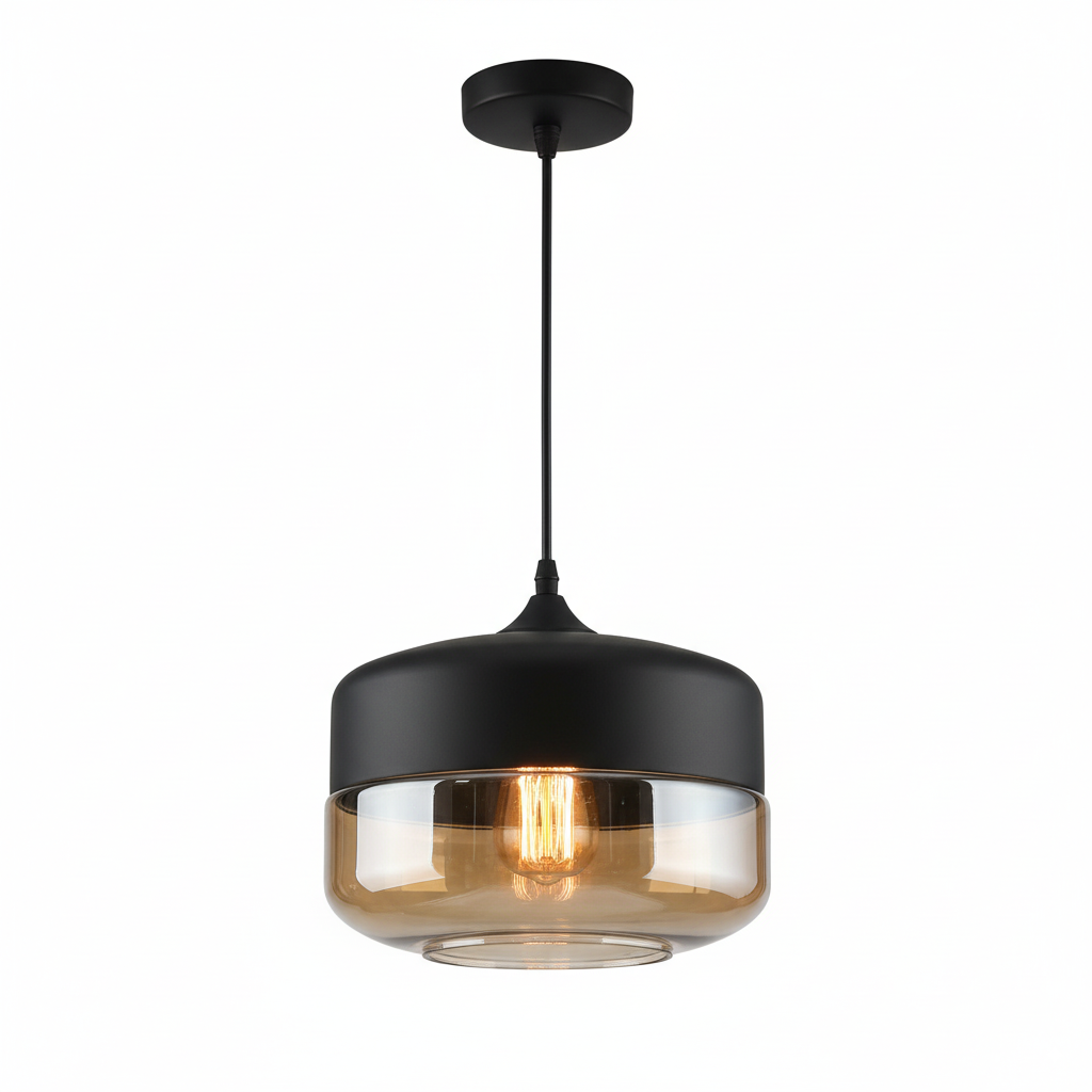 LuminaGrace Rich Amber & Clear Glass Pendant Light - Slim Cylinder Shape, designer droplight with luxurious amber metal finish and crystal-clear glass shade, perfect for elegant bedrooms, VelunaLumin.