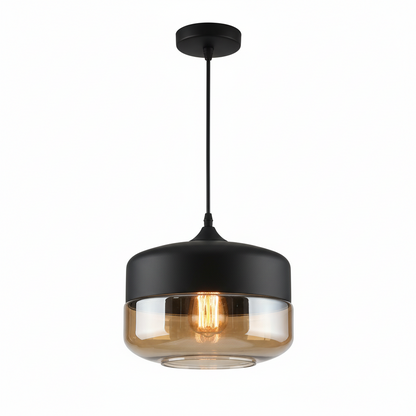 LuminaGrace Rich Amber & Clear Glass Pendant Light - Slim Cylinder Shape, designer droplight with luxurious amber metal finish and crystal-clear glass shade, perfect for elegant bedrooms, VelunaLumin.