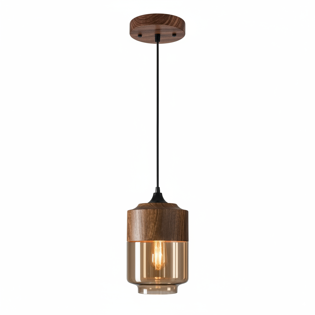 LuminaGrace Nordic Wood & Cognac Glass Pendant Light - Tall Cylinder Shape, elegant hanging lamp with natural oak wood finish and warm cognac glass shade, perfect for modern dining rooms, VelunaLumin.