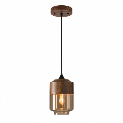 LuminaGrace Nordic Wood & Cognac Glass Pendant Light - Tall Cylinder Shape, elegant hanging lamp with natural oak wood finish and warm cognac glass shade, perfect for modern dining rooms, VelunaLumin.