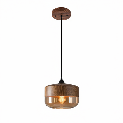 LuminaGrace Nordic Wood & Cognac Glass Pendant Light - Tall Cylinder Shape, elegant hanging lamp with natural oak wood finish and warm cognac glass shade, perfect for modern dining rooms, VelunaLumin.