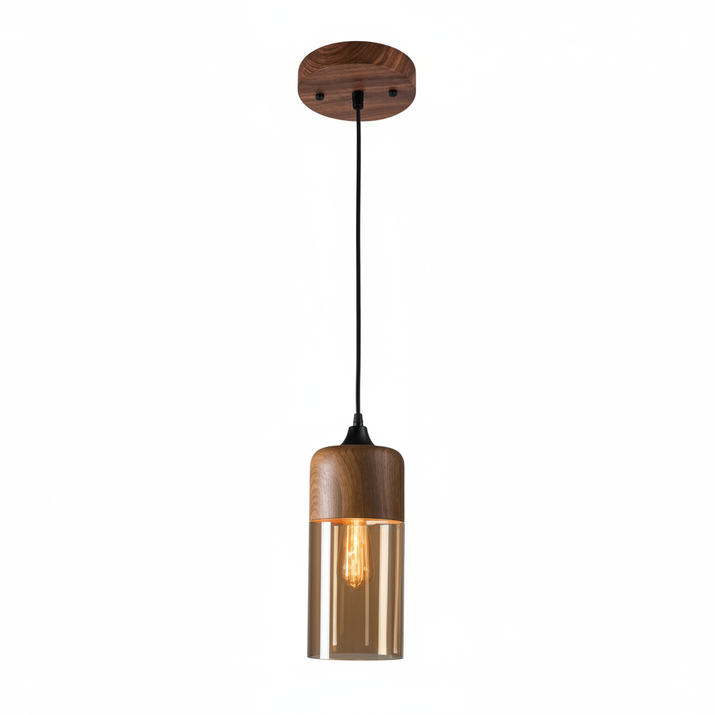 LuminaGrace Nordic Wood & Cognac Glass Pendant Light - Tall Cylinder Shape, elegant hanging lamp with natural oak wood finish and warm cognac glass shade, perfect for modern dining rooms, VelunaLumin.