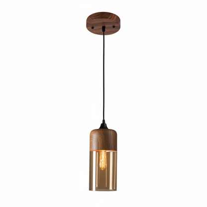 LuminaGrace Nordic Wood & Cognac Glass Pendant Light - Tall Cylinder Shape, elegant hanging lamp with natural oak wood finish and warm cognac glass shade, perfect for modern dining rooms, VelunaLumin.