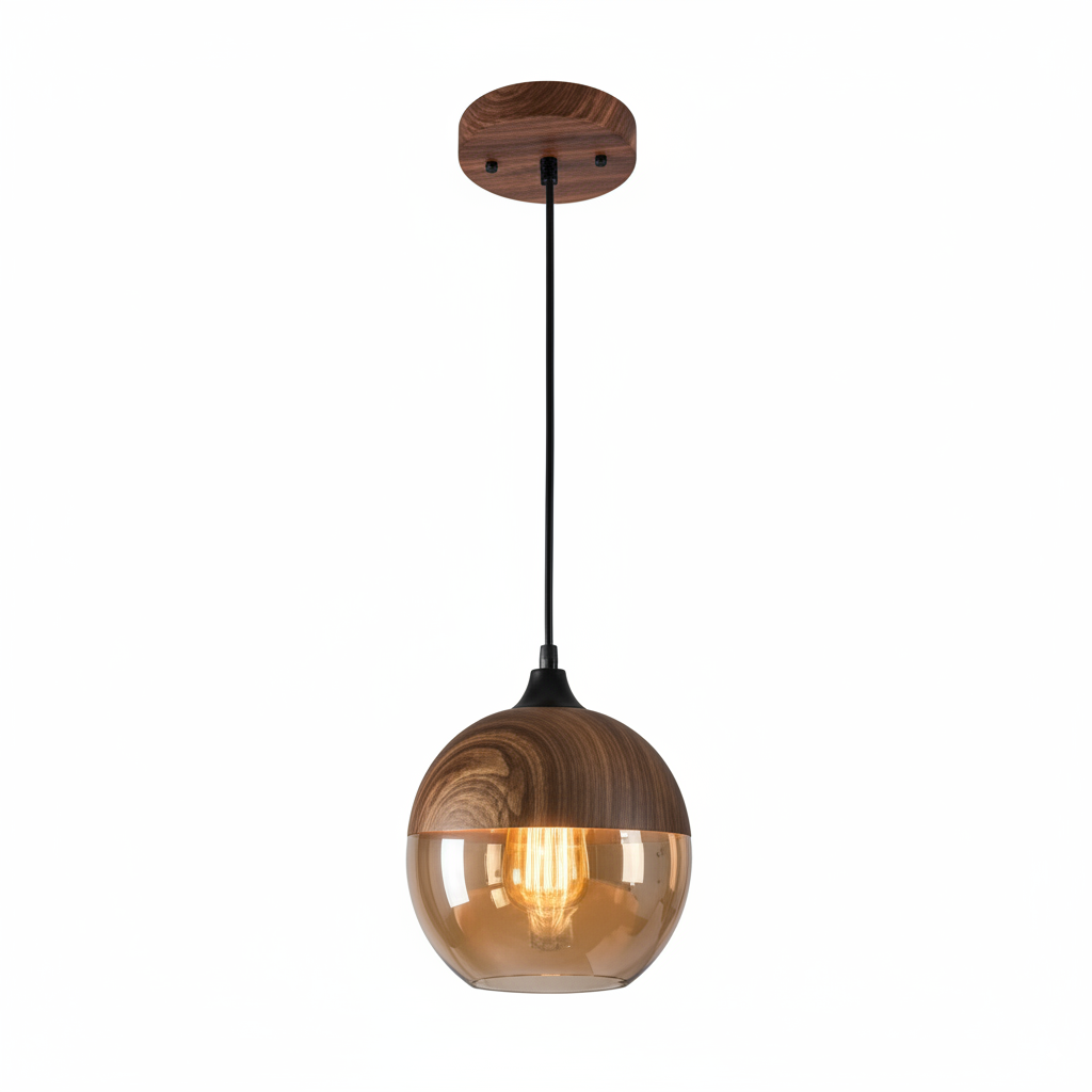 LuminaGrace Nordic Wood & Cognac Glass Pendant Light - Tall Cylinder Shape, elegant hanging lamp with natural oak wood finish and warm cognac glass shade, perfect for modern dining rooms, VelunaLumin.