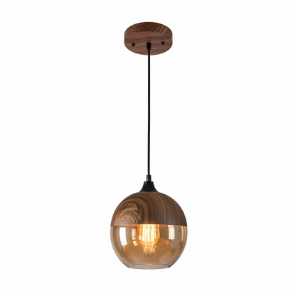 LuminaGrace Nordic Wood & Cognac Glass Pendant Light - Tall Cylinder Shape, elegant hanging lamp with natural oak wood finish and warm cognac glass shade, perfect for modern dining rooms, VelunaLumin.