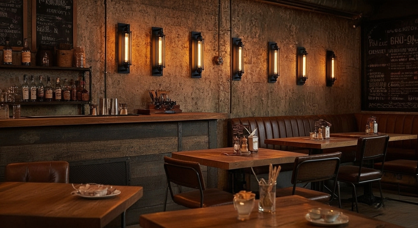 Line of IronGlow Industrial Wall Sconces illuminating a brick wall in a trendy industrial bar, creating an authentic, warm, and inviting ambiance. VelunaLumin.

