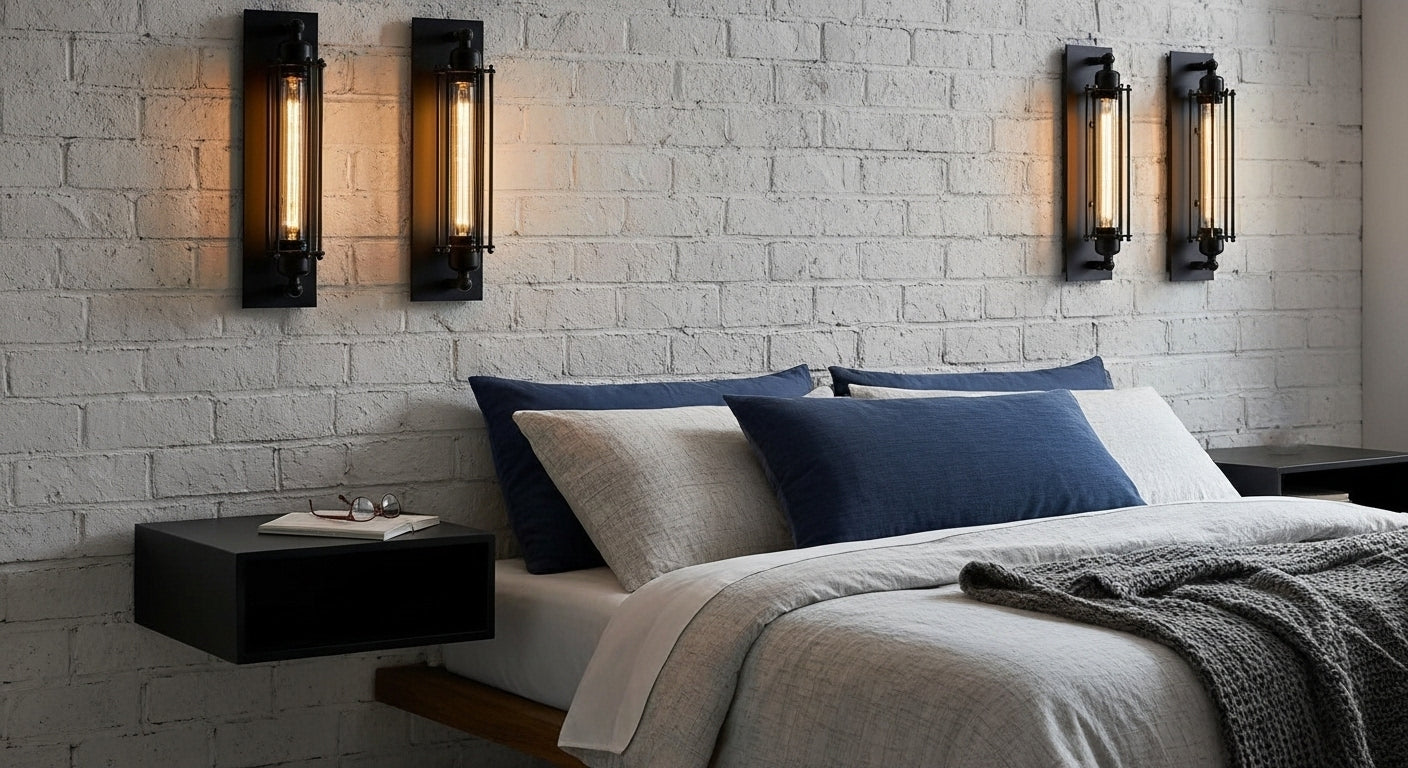 Pair of IronGlow Industrial Wall Sconces mounted above bedside tables in an urban-style bedroom, offering soft reading light and an edgy aesthetic. VelunaLumin.