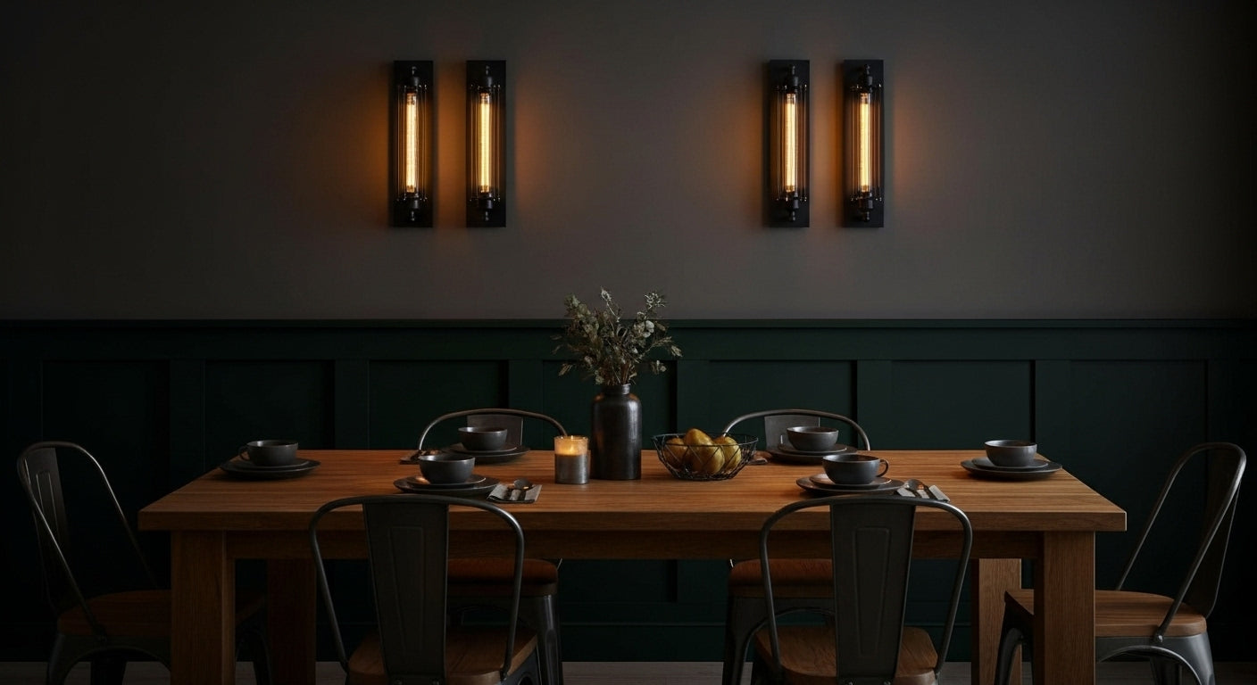 Two IronGlow Industrial Wall Sconces flanking a rustic dining table, providing warm, intimate lighting for an elegant industrial-style dining room. VelunaLumin.