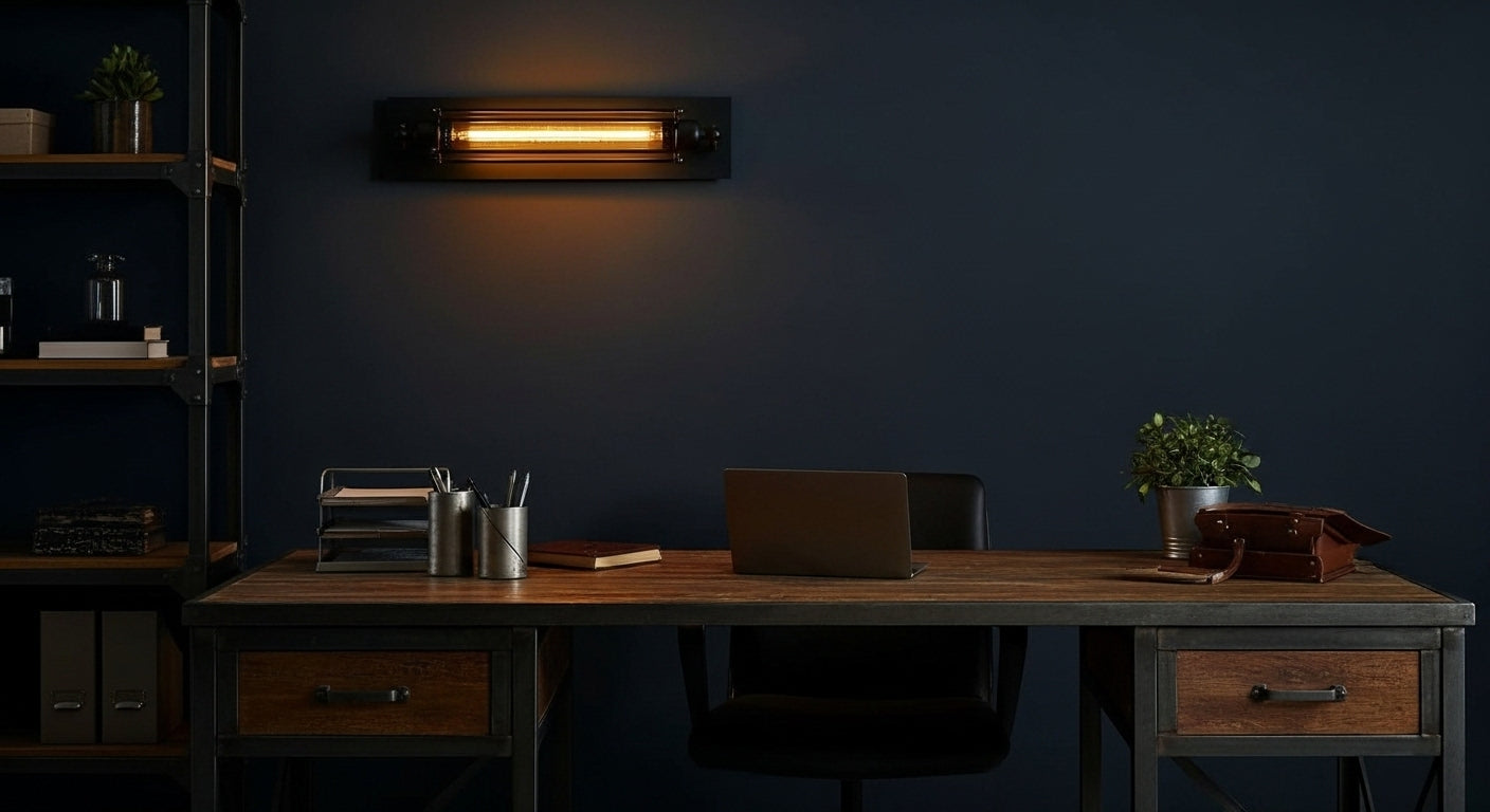 IronGlow Industrial Wall Sconce mounted above a dark-wood desk in a minimalist study, providing focused, characterful lighting for work or inspiration. VelunaLumin.