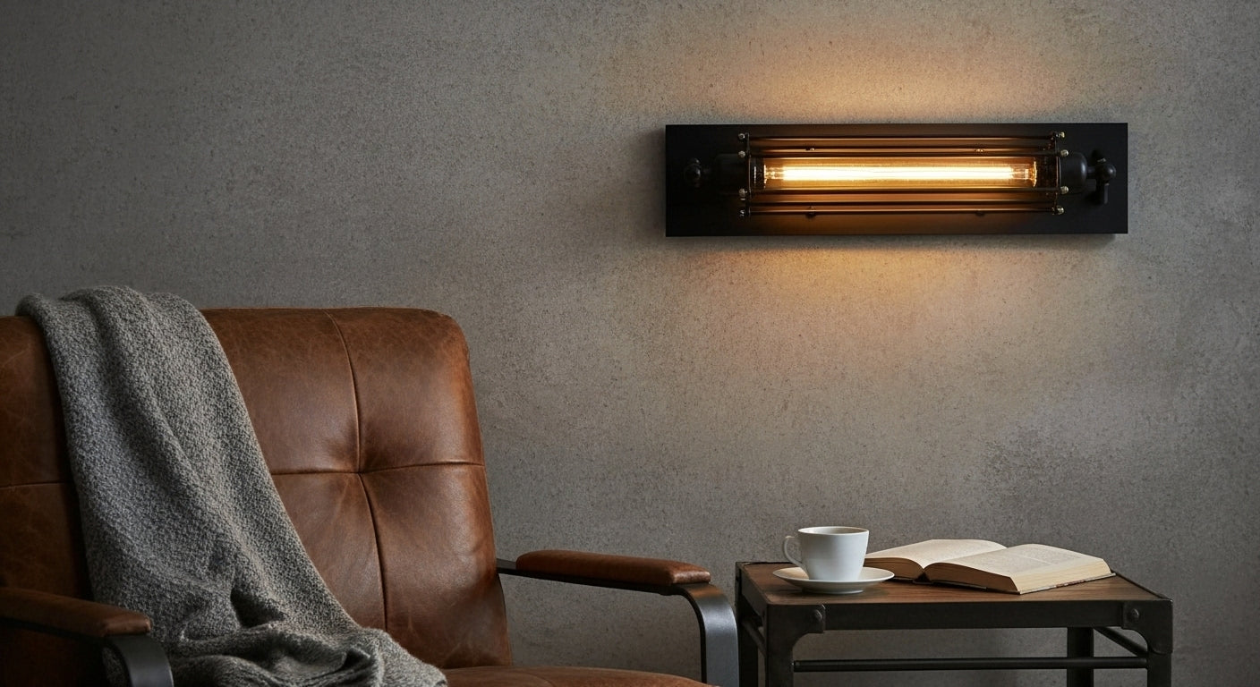IronGlow Industrial Wall Sconce providing task lighting in a cozy loft reading nook, complementing the raw concrete wall and industrial-chic furniture. VelunaLumin.
