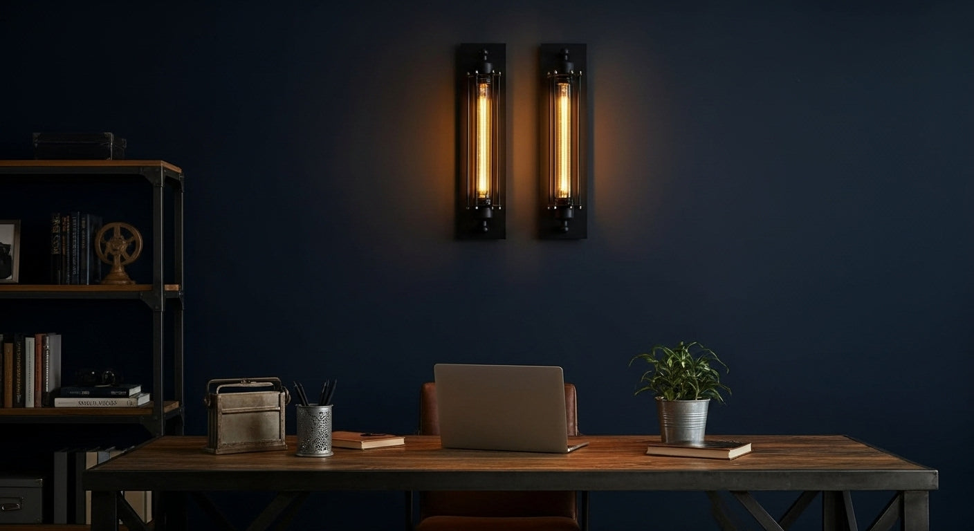 IronGlow Industrial Wall Sconce mounted above a dark-wood desk in a minimalist study, providing focused, characterful lighting for work or inspiration. VelunaLumin.