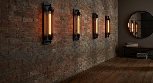 Three IronGlow Industrial Wall Sconces in a brick-walled corridor, casting warm, golden light and architectural shadows, creating a strong industrial statement. VelunaLumin.