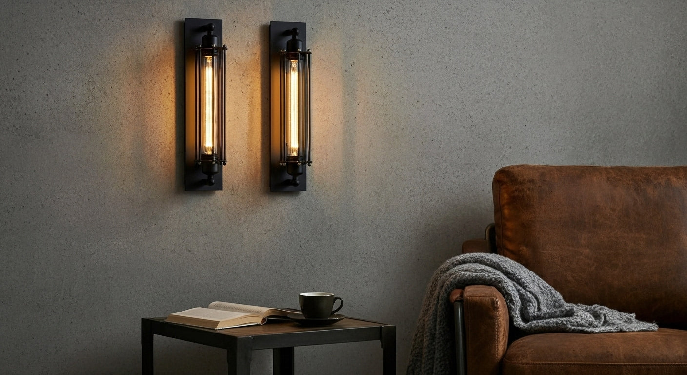 IronGlow Industrial Wall Sconce providing task lighting in a cozy loft reading nook, complementing the raw concrete wall and industrial-chic furniture. VelunaLumin.