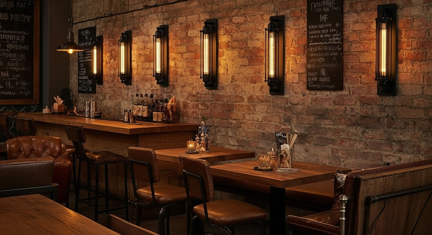 Line of IronGlow Industrial Wall Sconces illuminating a brick wall in a trendy industrial bar, creating an authentic, warm, and inviting ambiance. VelunaLumin.

