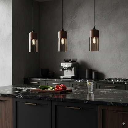 Two LuminaGrace Nordic Wood & Cognac Glass Tall Cylinder Pendant Lights hanging above a modern wooden dining table, casting a warm amber glow, creating an inviting atmosphere, VelunaLumin.