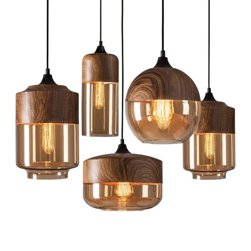 LuminaGrace Nordic Wood & Cognac Glass Pendant Light - Tall Cylinder Shape, elegant hanging lamp with natural oak wood finish and warm cognac glass shade, perfect for modern dining rooms, VelunaLumin.