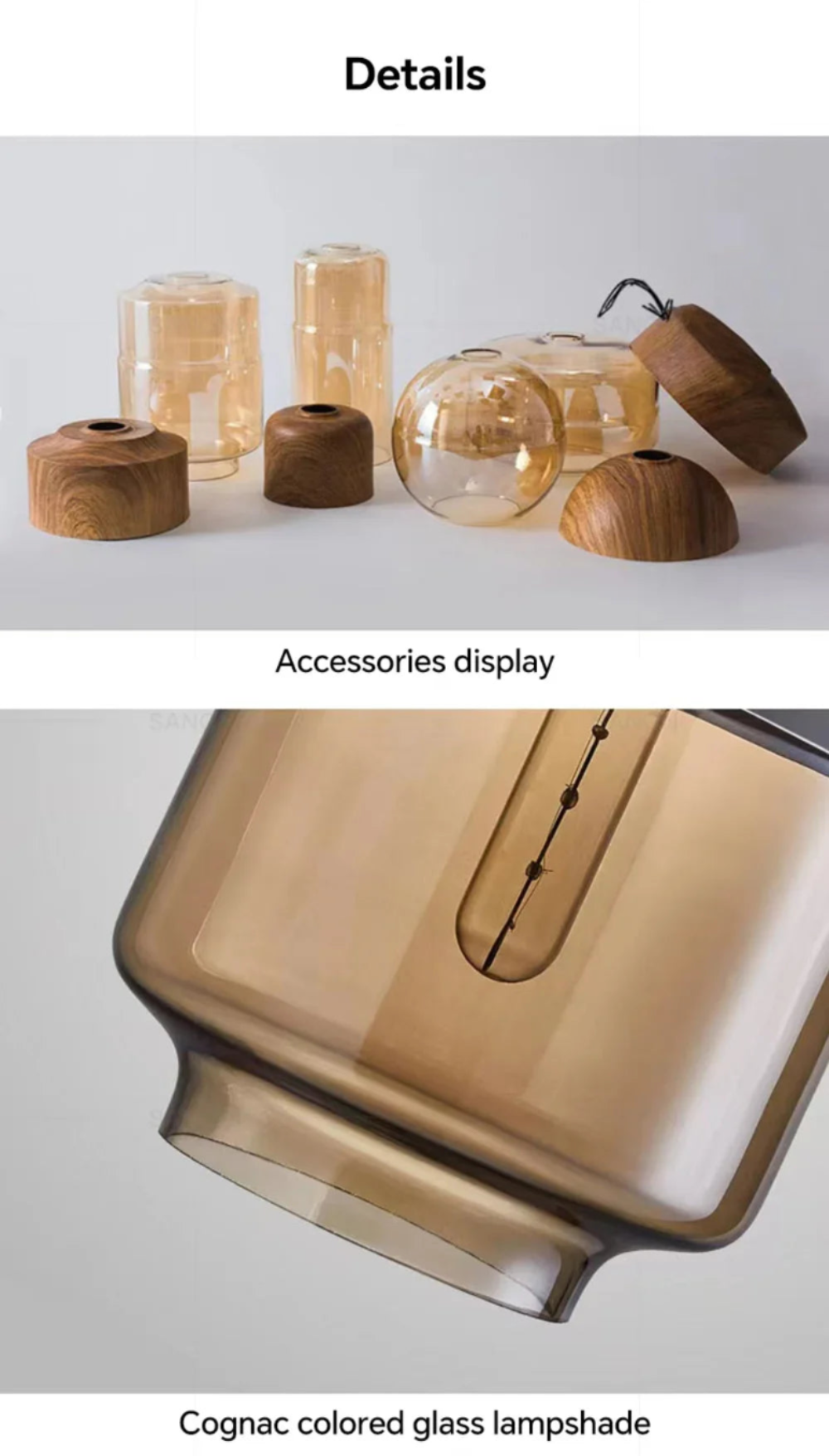 Close-up of LuminaGrace Nordic Wood & Cognac Glass Pendant Light, showing intricate natural oak wood grain and translucent cognac glass texture, VelunaLumin premium quality.