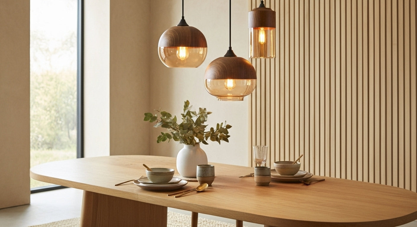 Two LuminaGrace Nordic Wood & Cognac Glass Tall Cylinder Pendant Lights hanging above a modern wooden dining table, casting a warm amber glow, creating an inviting atmosphere, VelunaLumin.