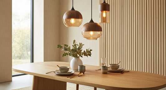 Two LuminaGrace Nordic Wood & Cognac Glass Tall Cylinder Pendant Lights hanging above a modern wooden dining table, casting a warm amber glow, creating an inviting atmosphere, VelunaLumin.