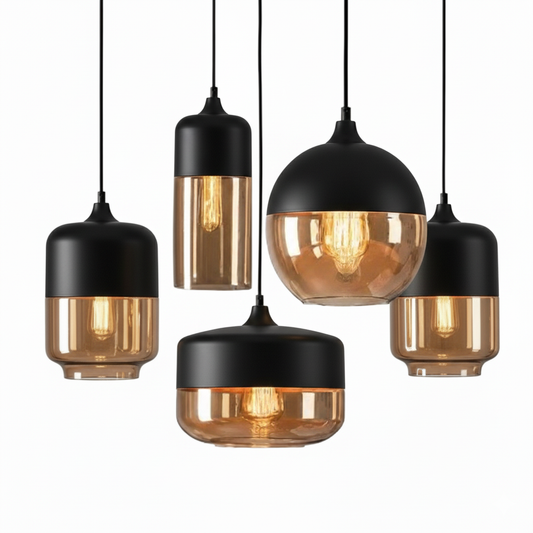 LuminaGrace Rich Amber & Clear Glass Pendant Light - Slim Cylinder Shape, designer droplight with luxurious amber metal finish and crystal-clear glass shade, perfect for elegant bedrooms, VelunaLumin.