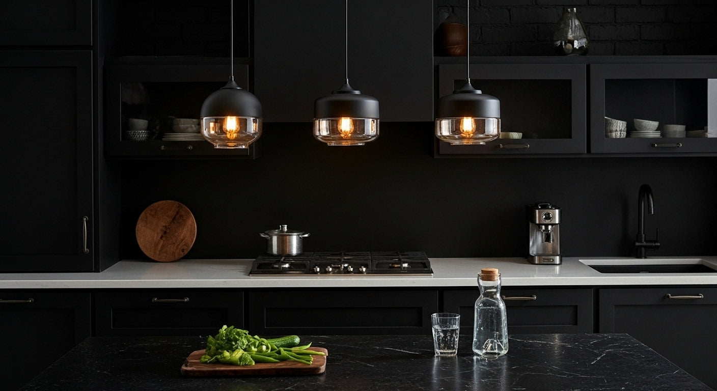 LuminaGrace Rich Amber & Clear Glass Slim Cylinder Pendant Light hanging above a velvet bedside table, casting a warm, intimate glow in a luxurious bedroom setting, VelunaLumin.