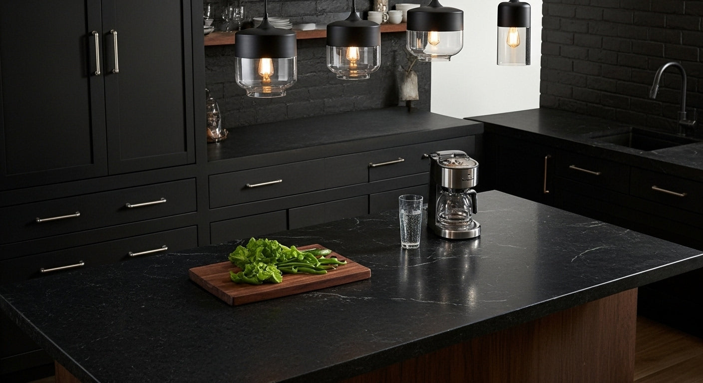 Three LuminaGrace Sleek Black & Smoke Glass Sphere Pendant Lights illuminating a minimalist kitchen island with dark marble, providing modern and functional lighting, VelunaLumin.