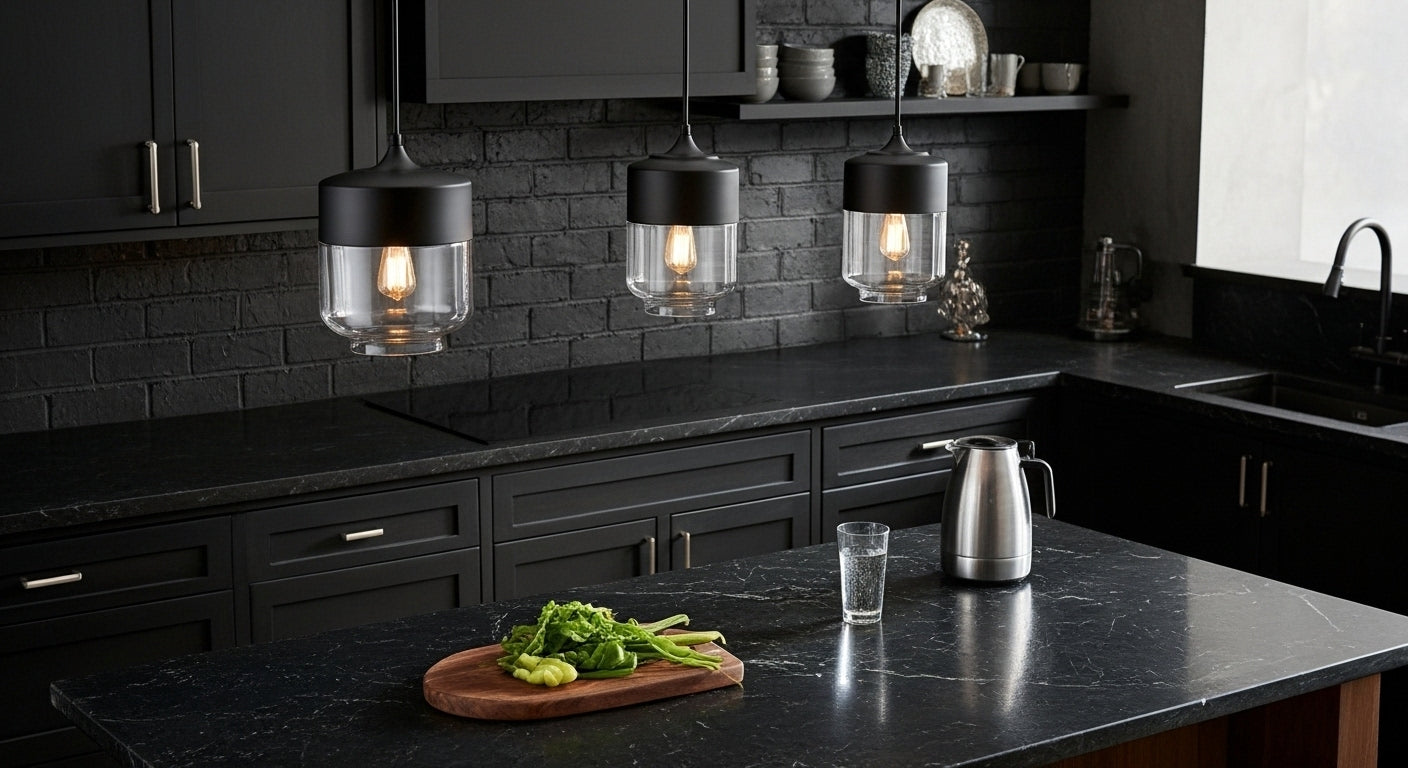 Three LuminaGrace Sleek Black & Smoke Glass Sphere Pendant Lights illuminating a minimalist kitchen island with dark marble, providing modern and functional lighting, VelunaLumin.