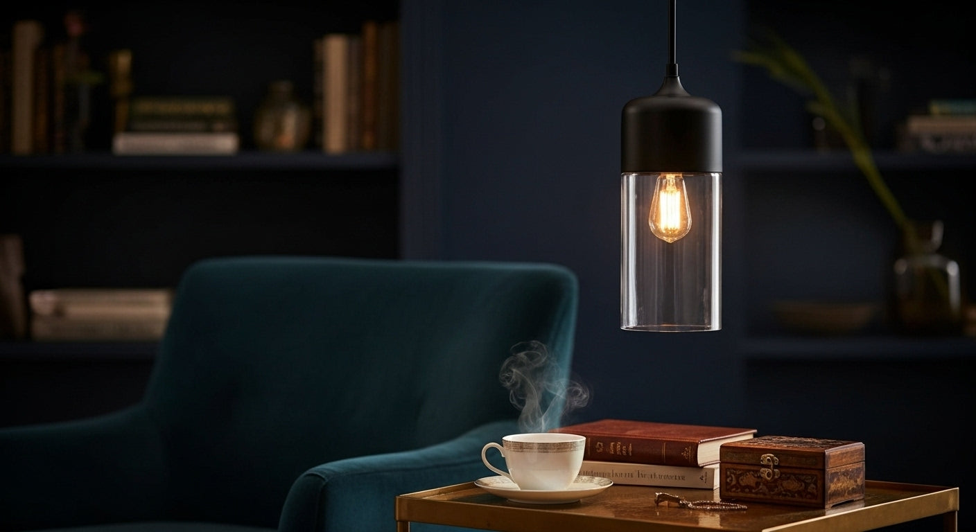 Three LuminaGrace Sleek Black & Smoke Glass Sphere Pendant Lights illuminating a minimalist kitchen island with dark marble, providing modern and functional lighting, VelunaLumin.