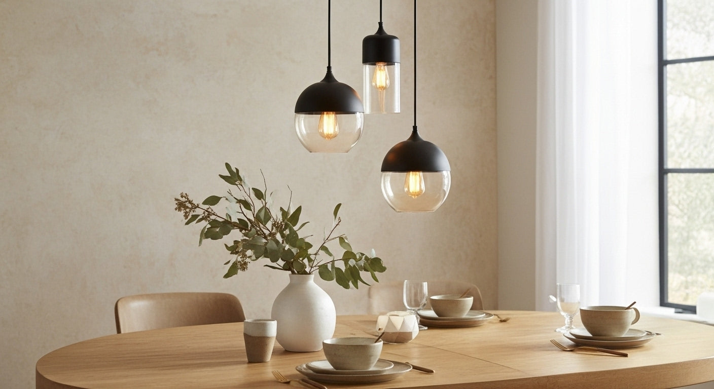 Three LuminaGrace Sleek Black & Smoke Glass Sphere Pendant Lights illuminating a minimalist kitchen island with dark marble, providing modern and functional lighting, VelunaLumin.