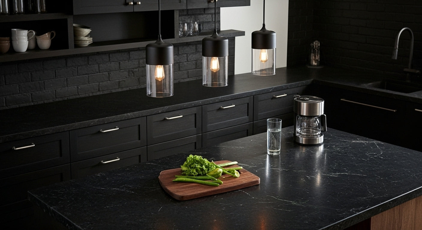 Three LuminaGrace Sleek Black & Smoke Glass Sphere Pendant Lights illuminating a minimalist kitchen island with dark marble, providing modern and functional lighting, VelunaLumin.