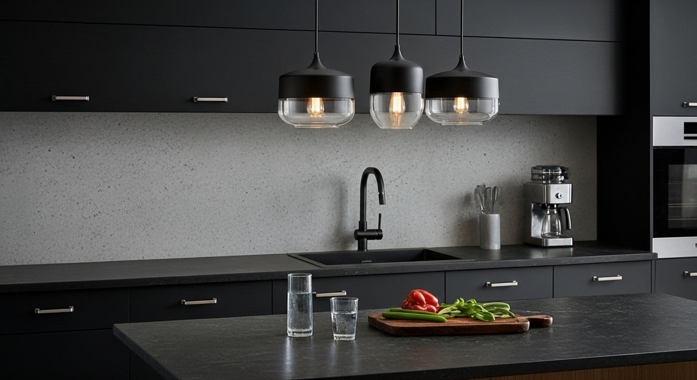 Three LuminaGrace Sleek Black & Smoke Glass Sphere Pendant Lights illuminating a minimalist kitchen island with dark marble, providing modern and functional lighting, VelunaLumin.
