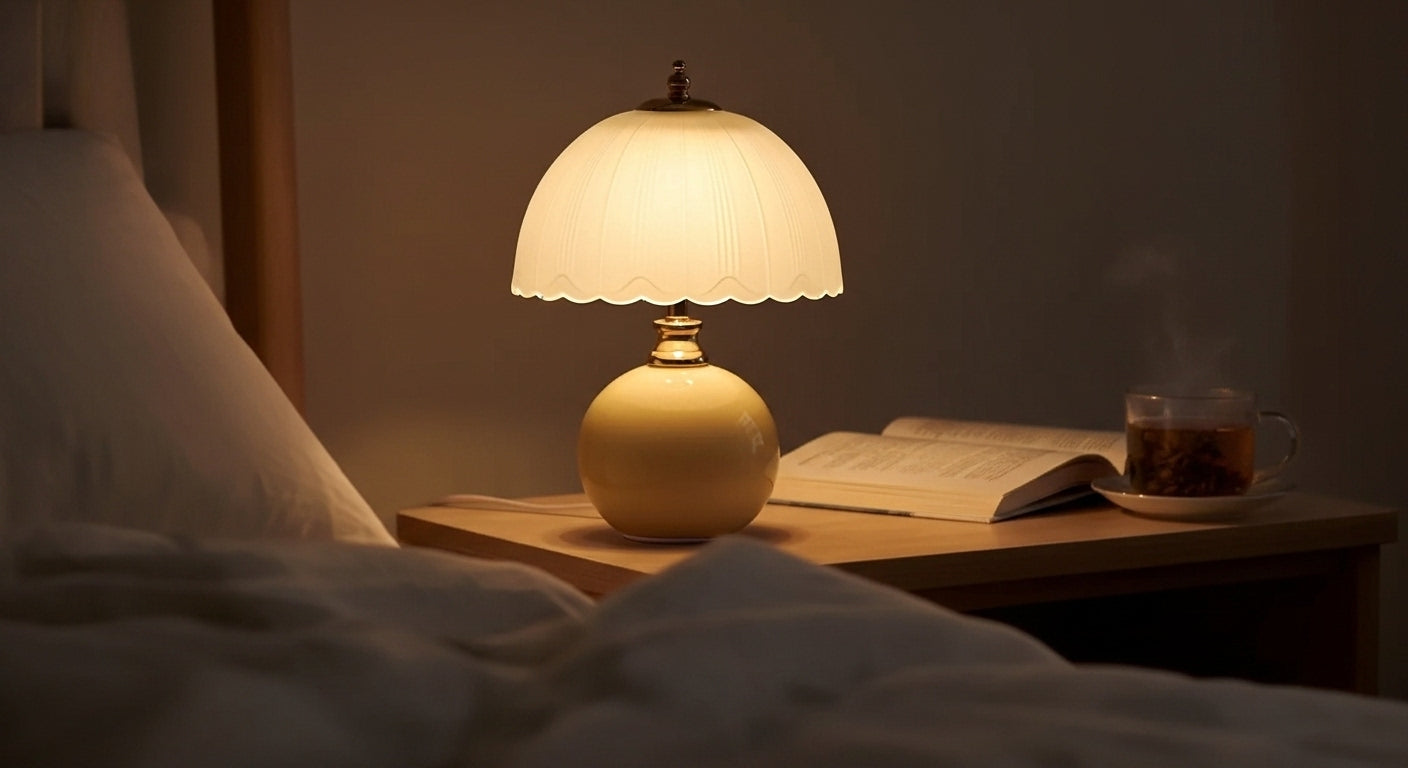 NouveauGlow Murano-Style Mushroom Lamp in Pastel Pink on a bedside table, casting a soft, dimmable warm light in a modern bedroom. VelunaLumin.
