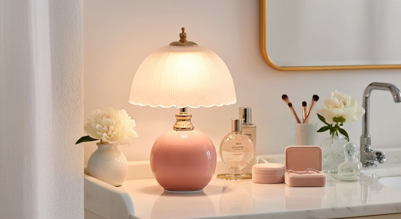 NouveauGlow Murano-Style Mushroom Lamp in Pastel Pink, with a hand-blown striped glass shade and ceramic base. VelunaLumin.