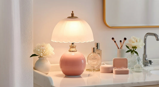 NouveauGlow Murano-Style Mushroom Lamp in Pastel Pink, with a hand-blown striped glass shade and ceramic base. VelunaLumin.