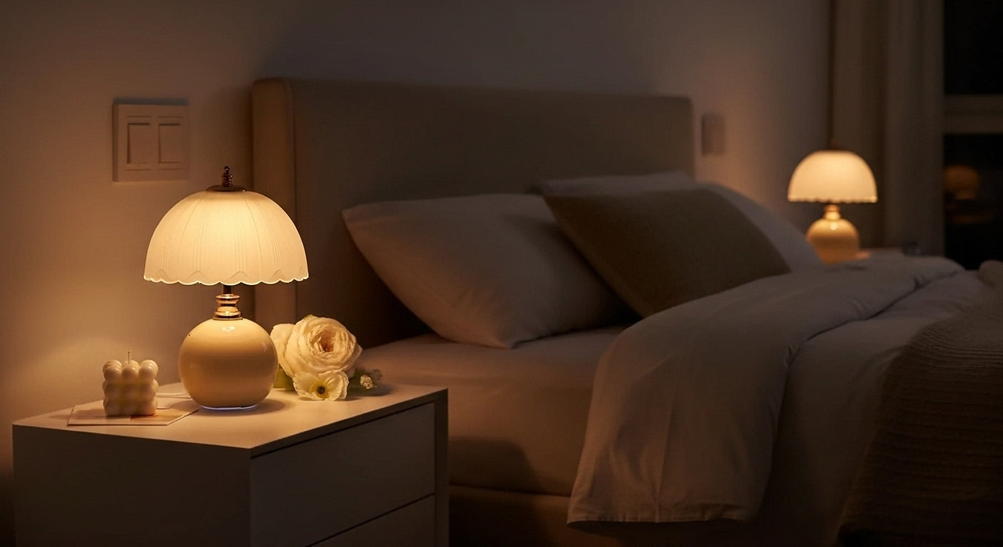 NouveauGlow Murano-Style Mushroom Lamp in Pastel Pink on a bedside table, casting a soft, dimmable warm light in a modern bedroom. VelunaLumin.