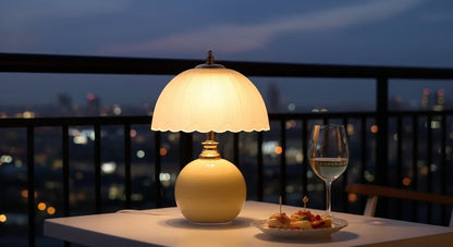 NouveauGlow Murano-Style Mushroom Lamp in Creamy White, with a hand-blown striped glass shade and ceramic base. VelunaLumin