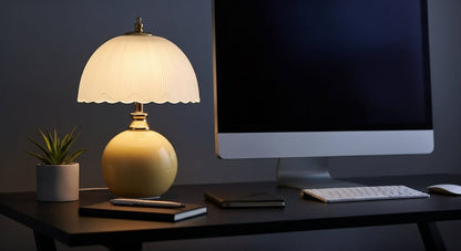 NouveauGlow Murano-Style Mushroom Lamp in Creamy White, with a hand-blown striped glass shade and ceramic base. VelunaLumin.