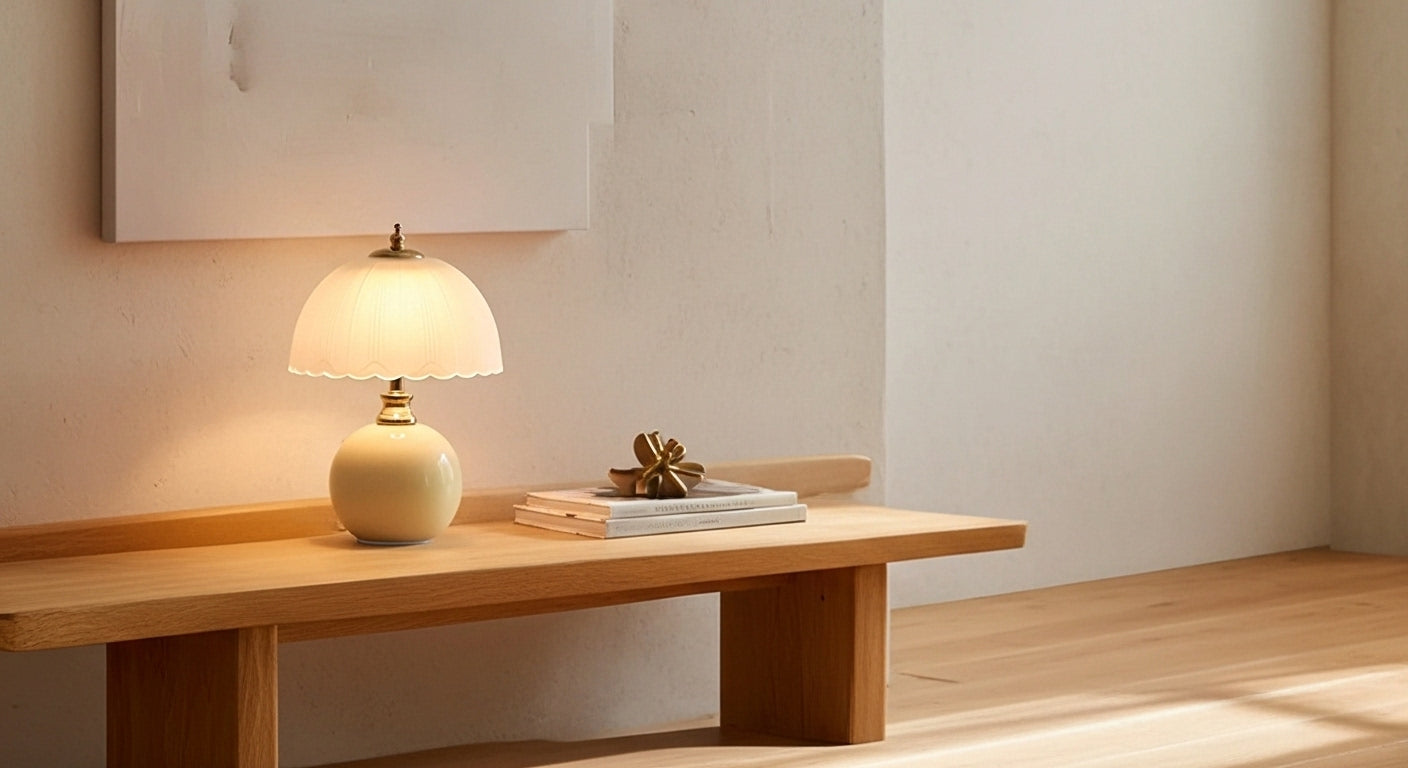 NouveauGlow Murano-Style Mushroom Lamp in Creamy White, with a hand-blown striped glass shade and ceramic base. VelunaLumin.