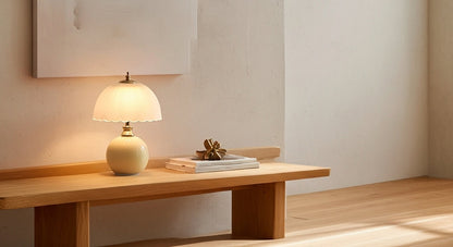 NouveauGlow Murano-Style Mushroom Lamp in Creamy White, with a hand-blown striped glass shade and ceramic base. VelunaLumin.