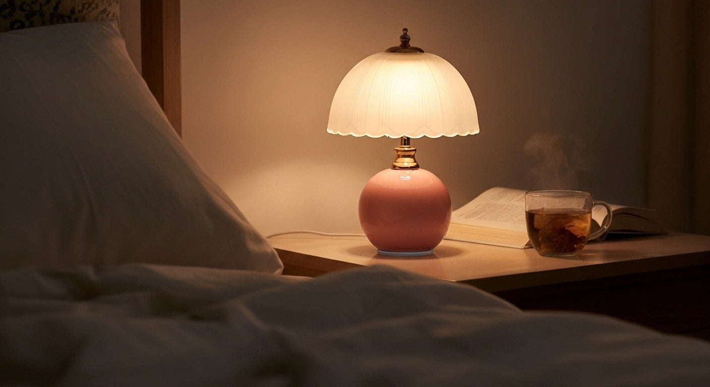 NouveauGlow Murano-Style Mushroom Lamp in Pastel Pink, with a hand-blown striped glass shade and ceramic base. VelunaLumin.