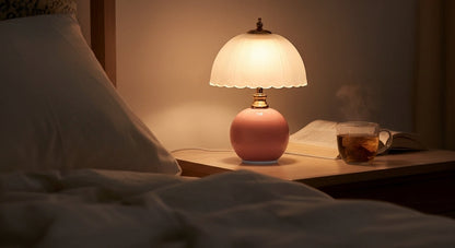 NouveauGlow Murano-Style Mushroom Lamp in Pastel Pink, with a hand-blown striped glass shade and ceramic base. VelunaLumin.