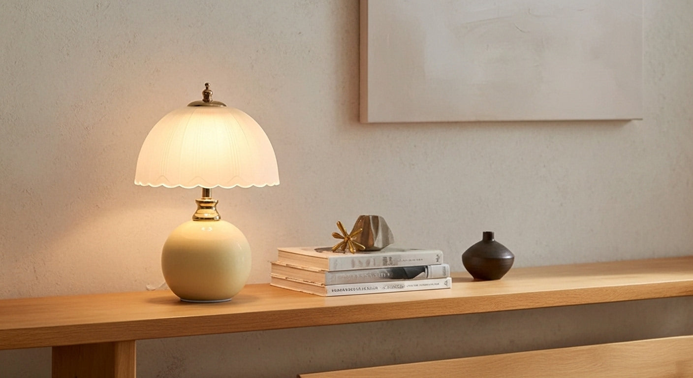 NouveauGlow Murano-Style Mushroom Lamp in Creamy White, with a hand-blown striped glass shade and ceramic base. VelunaLumin.