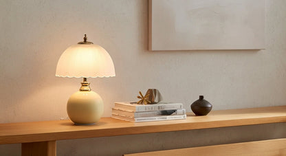 NouveauGlow Murano-Style Mushroom Lamp in Creamy White, with a hand-blown striped glass shade and ceramic base. VelunaLumin.