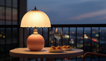 NouveauGlow Murano-Style Mushroom Lamp in Pastel Pink, with a hand-blown striped glass shade and ceramic base. VelunaLumin.