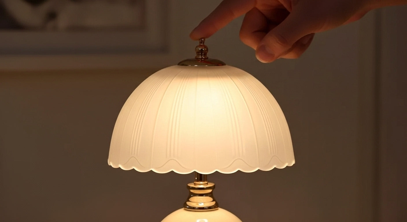 Close-up of the NouveauGlow Mushroom Lamp, showing the detail of the handcrafted striped glass and the smooth ceramic base. VelunaLumin.