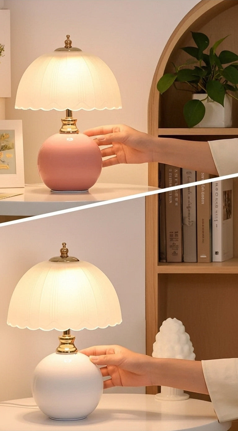 Close-up of the NouveauGlow Mushroom Lamp, showing the detail of the handcrafted striped glass and the smooth ceramic base. VelunaLumin.