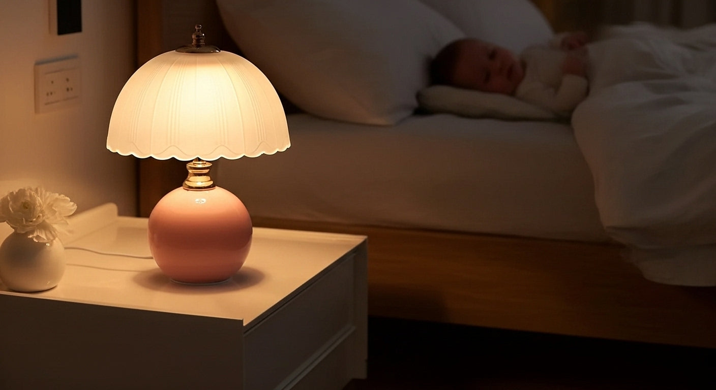 NouveauGlow Murano-Style Mushroom Lamp in Pastel Pink on a bedside table, casting a soft, dimmable warm light in a modern bedroom. VelunaLumin.