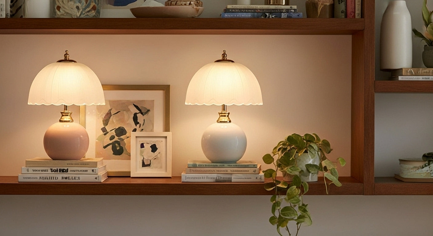 NouveauGlow Murano-Style Mushroom Lamp in Creamy and White, with a hand-blown striped glass shade and ceramic base. VelunaLumin.