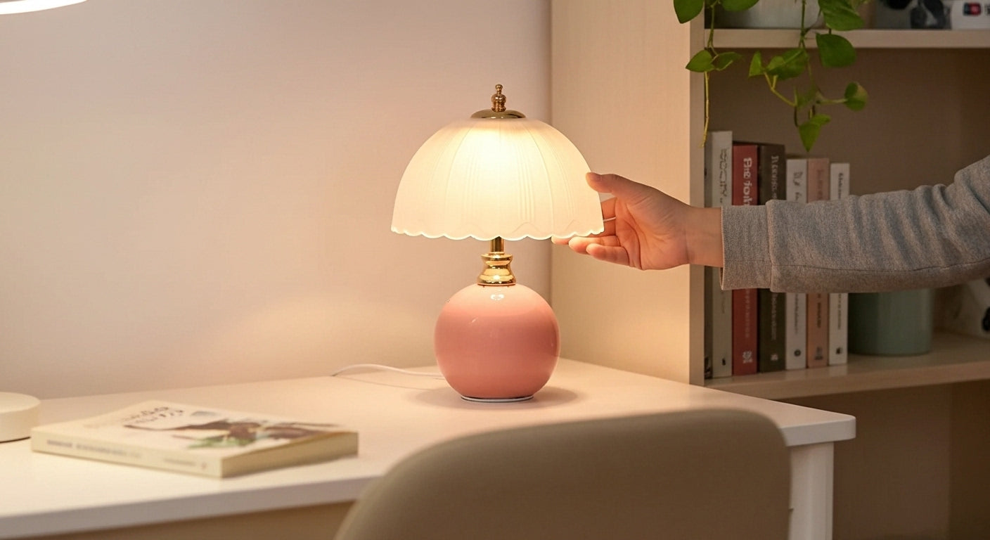 NouveauGlow Murano-Style Mushroom Lamp in Pastel Pink, with a hand-blown striped glass shade and ceramic base. VelunaLumin.