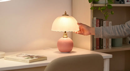NouveauGlow Murano-Style Mushroom Lamp in Pastel Pink, with a hand-blown striped glass shade and ceramic base. VelunaLumin.